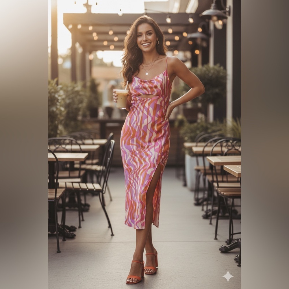ASTR Chelsi Midi Satin Dress in Purple Pink Rust Size Small NWT